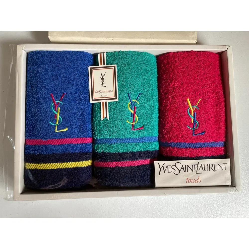 Yves Saint Laurent YSL Logo Original Box Set of 3 Bath Towels Deadstock Luxury